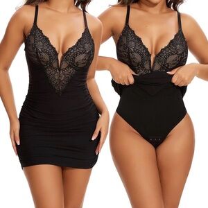 Shapewear Plunge Lace Ruched Bodycon Cocktail Mini Dress/Slimming Bodysuit NWT